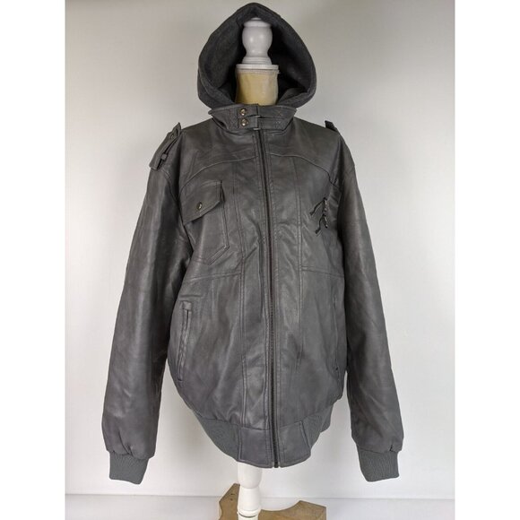 Hood Crew Mens Size XL Hooded Faux Leather Jacket Gray Bomber